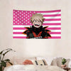 A tapestry featuring an angry anime character resembling Bakugo Katsuki against a pink and white American flag background.