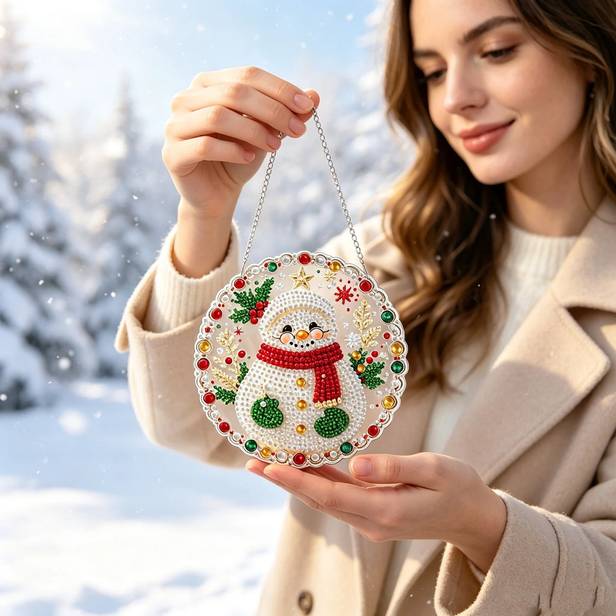 A woman holds a round Christmas ornament made of white and red pearls and beads against a snowy winter background.