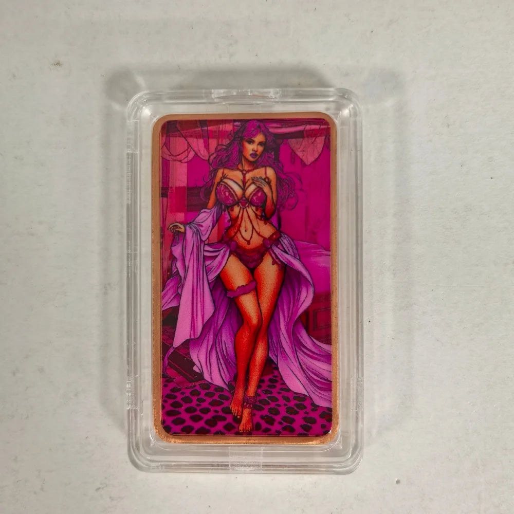 A fantasy art bar in a protective case featuring a woman with purple hair and pink clothing against a magenta background.