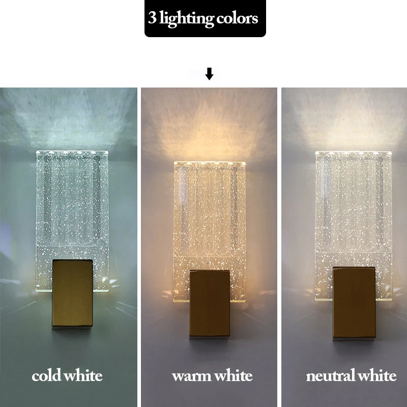 Three lighting colors of modern bubble crystal LED wall sconces shown in cold white, warm white, and neutral white.