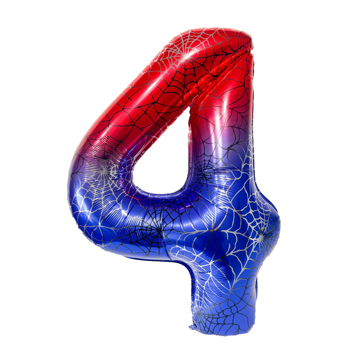 A red and blue foil balloon shaped like the number 4 with a spiderweb pattern.