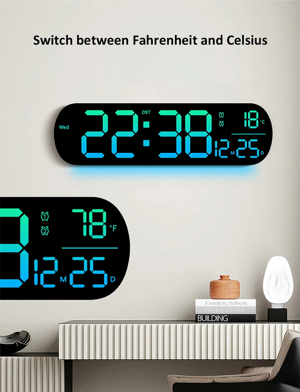 Reloj de pared digital mostrando hora y temperatura, con cambio entre Fahrenheit y Celsius.