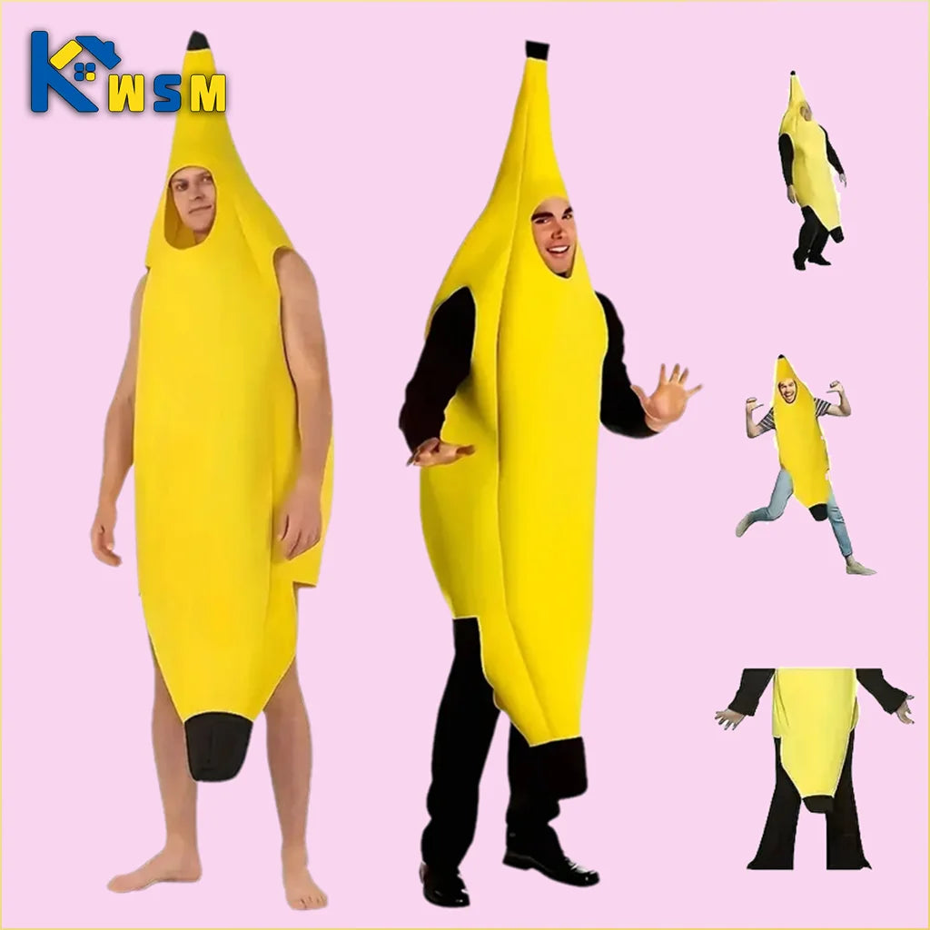 A person wearing a yellow banana costume posing and walking in a pink background.