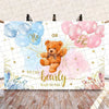 A gender reveal banner featuring pink and blue balloons with a teddy bear and text that says He or She