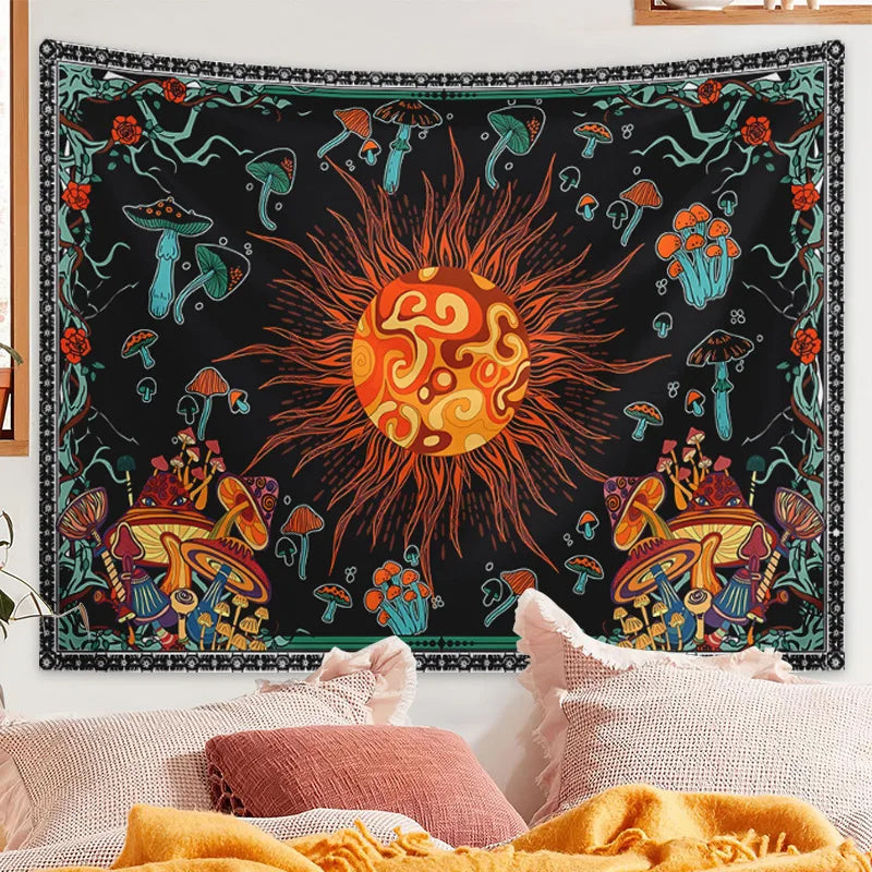 A tapestry featuring a celestial sun design with various mushrooms and zodiac art in orange, green, and black.