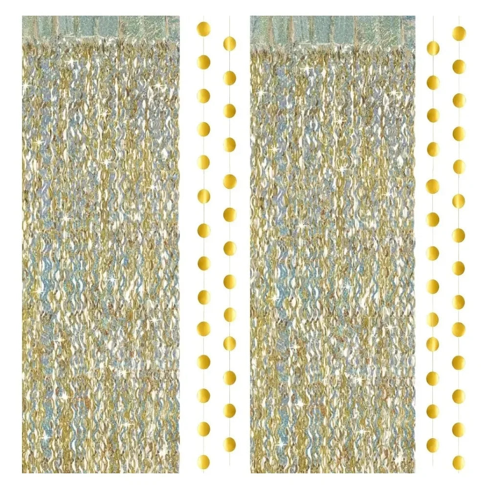 Gold laser wavy foil fringe curtain decor featuring shimmering gold and blue tones.