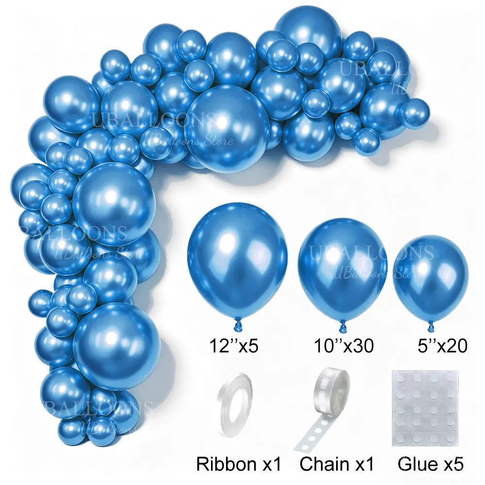 A collection of blue latex balloons, ribbon, chain, and glue for party decor.