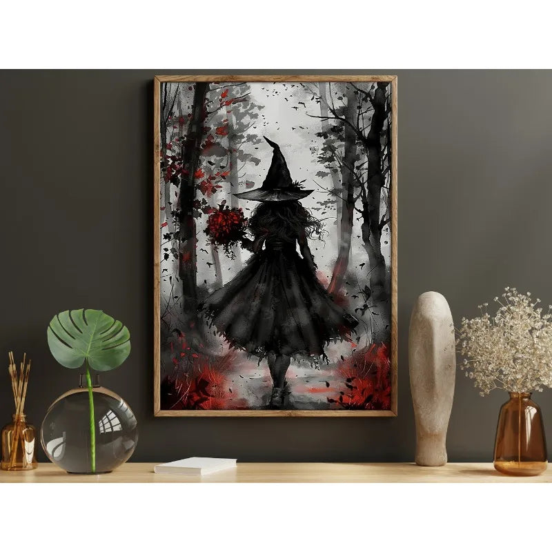 Canvas wall art depicting a dark witch in a long black dress standing in a dense, moody forest with red foliage.