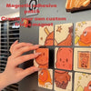 A hand places a custom orange-themed magnetic adhesive patch onto a dark surface, demonstrating how to create a fridge magnet