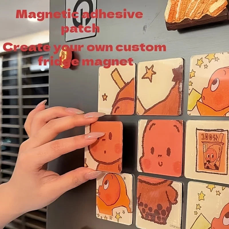 A hand places a custom orange-themed magnetic adhesive patch onto a dark surface, demonstrating how to create a fridge magnet