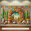 A vibrant Mexican fiesta backdrop featuring colorful cacti, flowers, and decorative elements.