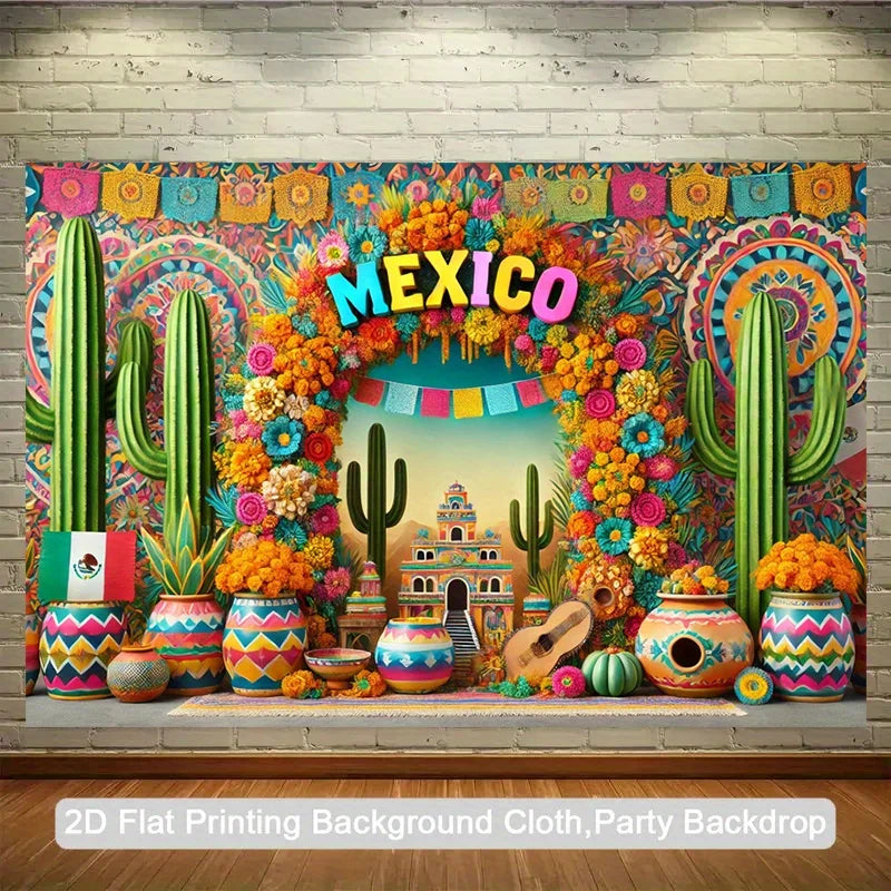 A vibrant Mexican fiesta backdrop featuring colorful cacti, flowers, and decorative elements.