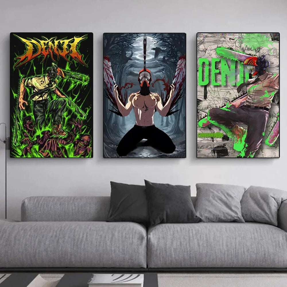 Three framed canvas prints featuring Denji from Chainsaw Man anime art in various styles