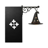 A black antique library lantern with a witch hat light fixture mounted on a wall.