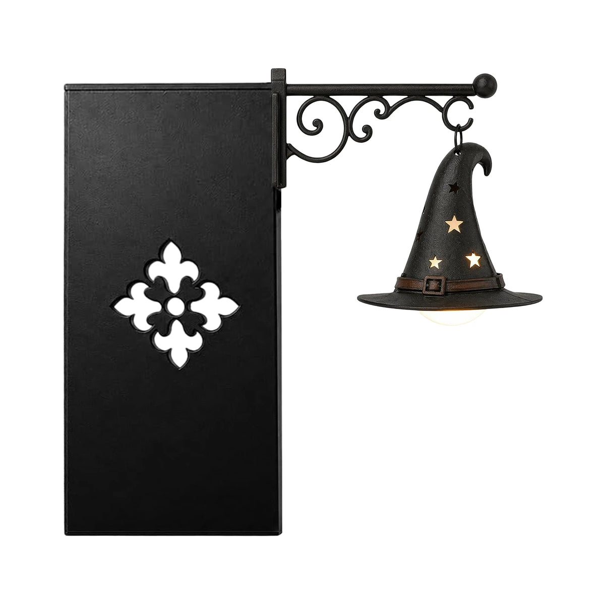 A black antique library lantern with a witch hat light fixture mounted on a wall.