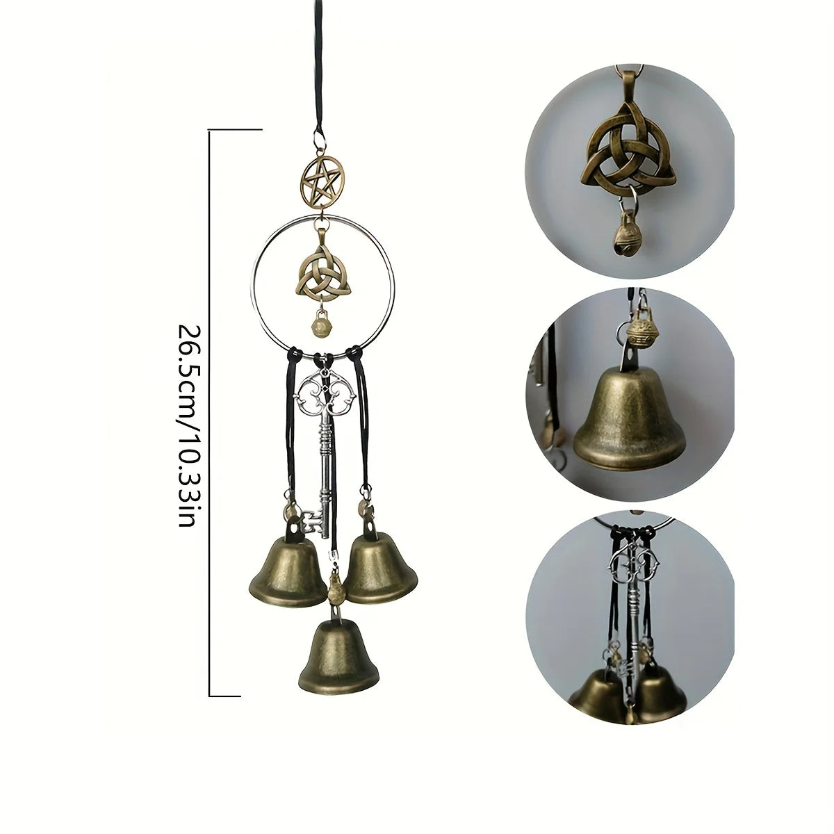 A decorative witch bell wind chime featuring a bronze-colored bell and an intertwined knot pendant hanging from a black chain