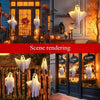 Scene rendering of LED Halloween ghost hanging decorations and lights displayed in various settings.