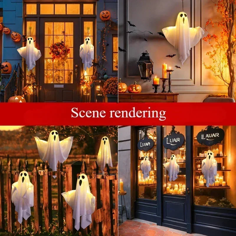 Scene rendering of LED Halloween ghost hanging decorations and lights displayed in various settings.
