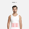 A man wearing a white seamless compression tank top demonstrating double compression on the abdomen.