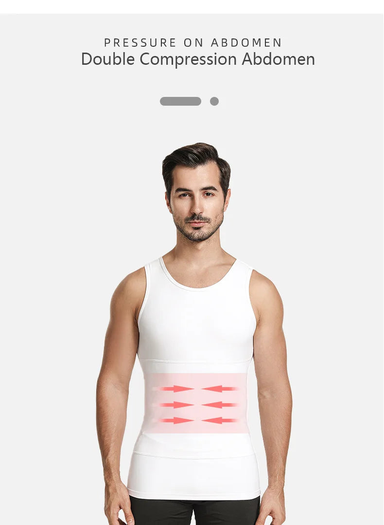 A man wearing a white seamless compression tank top demonstrating double compression on the abdomen.