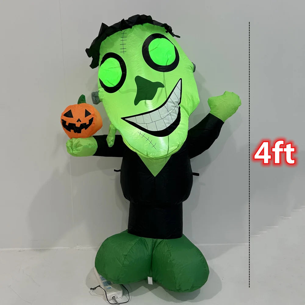 A lime green inflatable Halloween decoration shaped like a monster with glowing eyes and a carved pumpkin accessory.