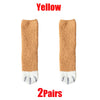 A pair of tan plush socks with white paw prints shown against a white background.