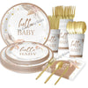 A set of gold and white tableware including plates, forks, spoons, and cups for a baby shower or gender reveal event.