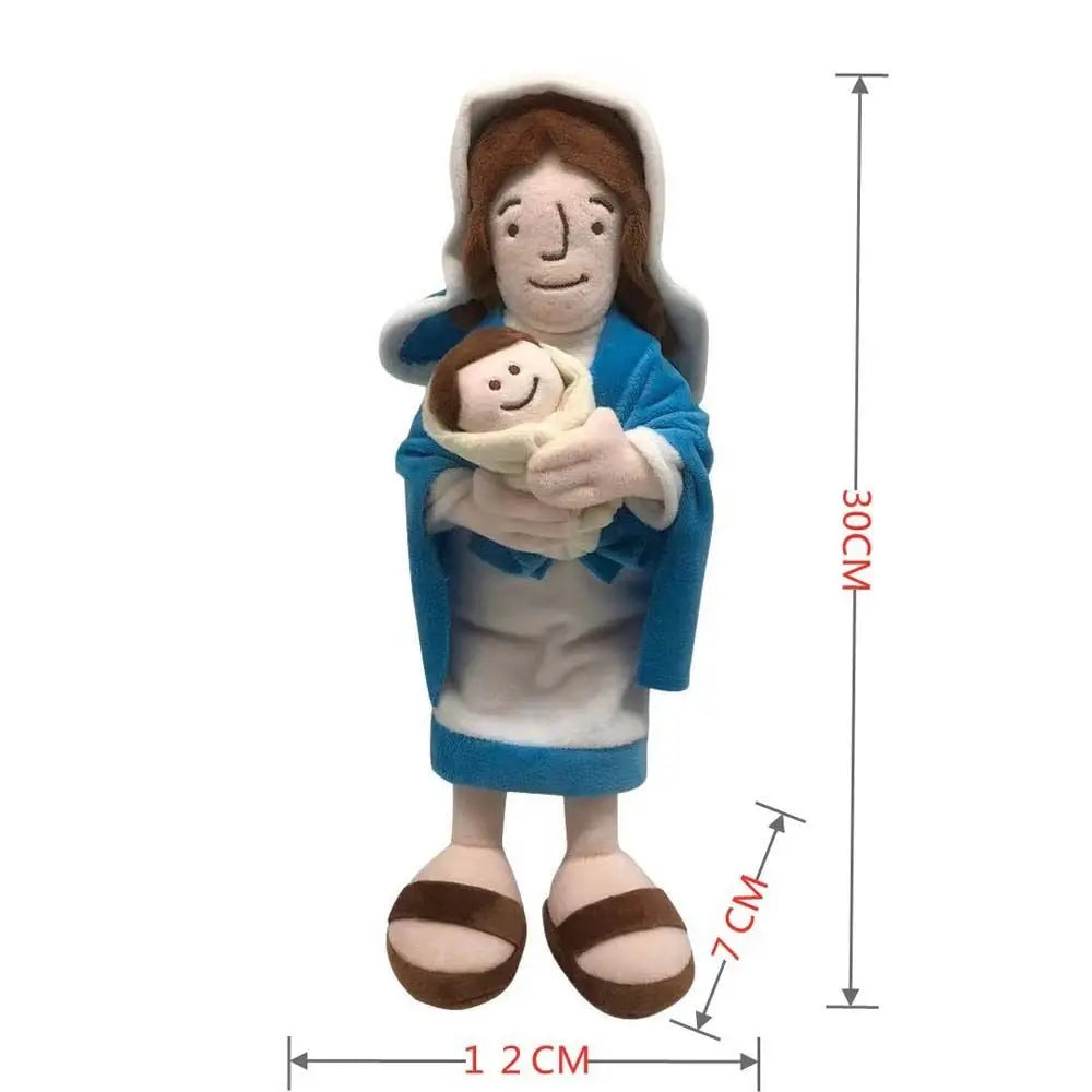 A plush toy set featuring Jesus and a donkey, accompanied by Mary.