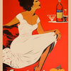 A woman in a white dress looks over her shoulder while holding a glass of Campari on a red background.