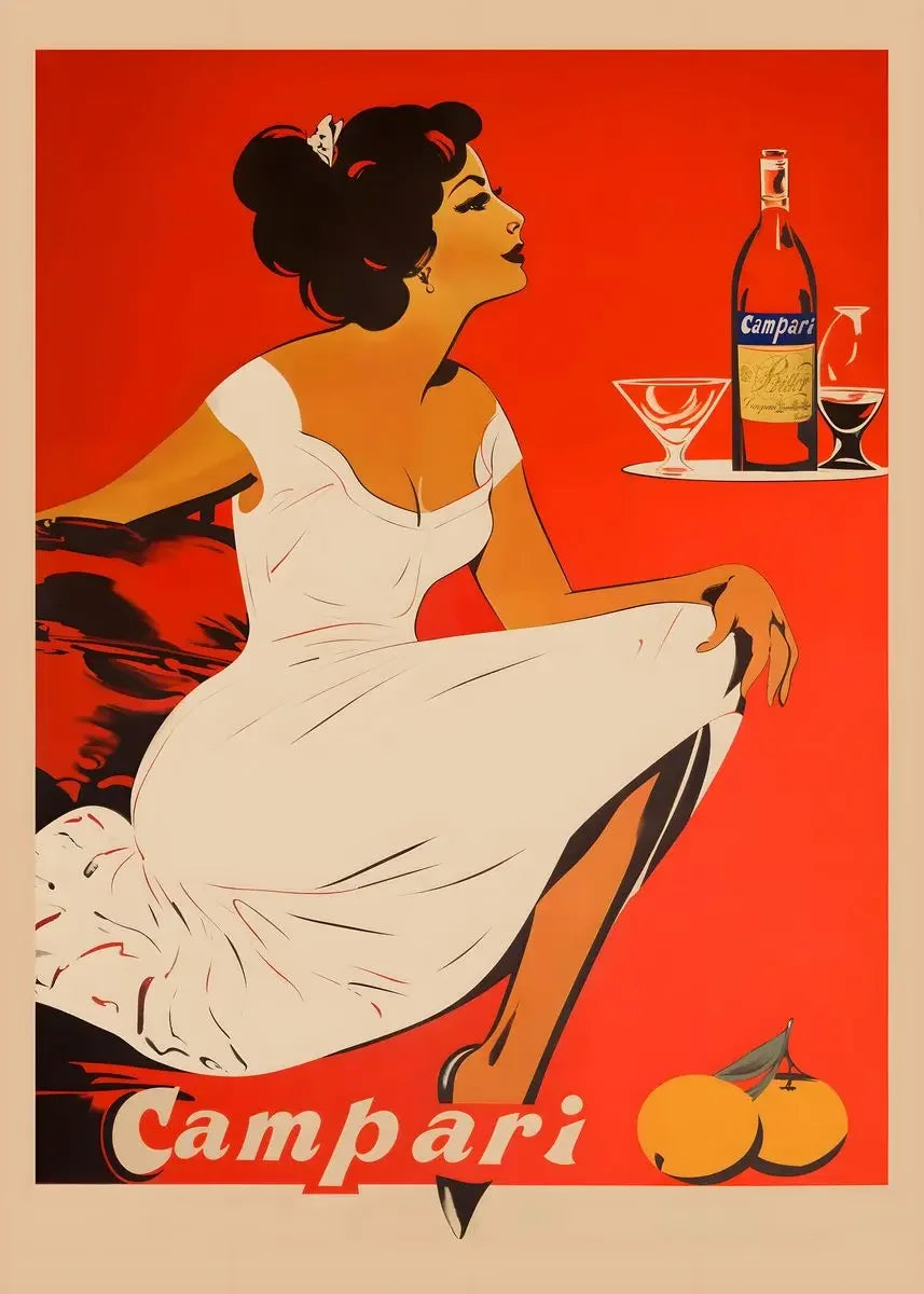 A woman in a white dress looks over her shoulder while holding a glass of Campari on a red background.