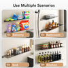 Four scenarios showing floating metal wall shelves used for storage in a balcony, bathroom, sink, and kitchen.