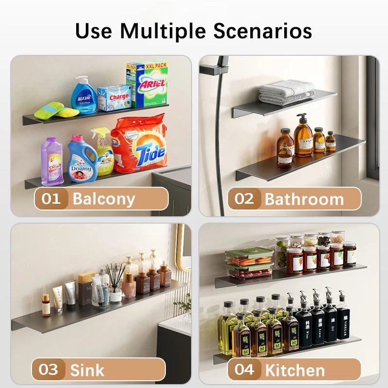Four scenarios showing floating metal wall shelves used for storage in a balcony, bathroom, sink, and kitchen.