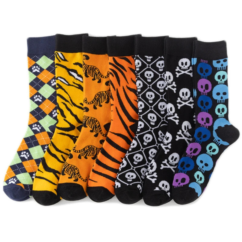 A set of novelty crew socks featuring skull, alien, and tiger prints in various colors.
