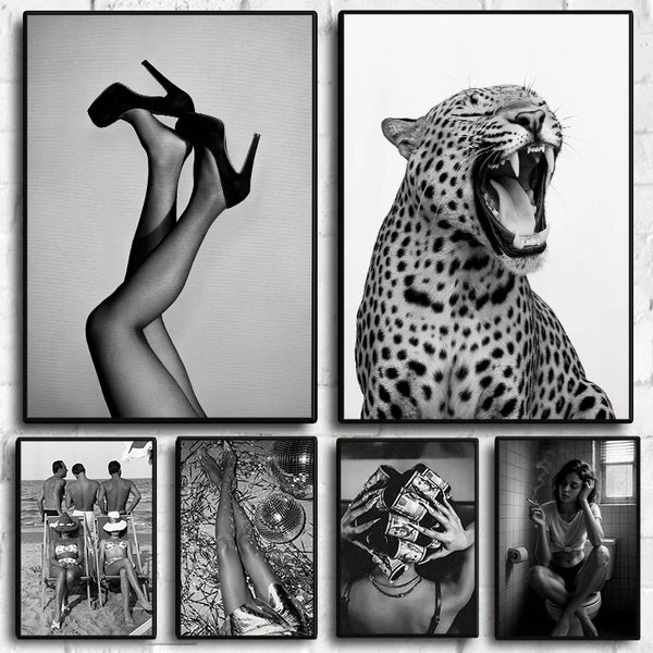 A collage of black and white photographs featuring high heels, a leopard, and people.