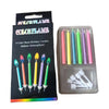 A package of six colorful flame birthday candles with a clear plastic container.