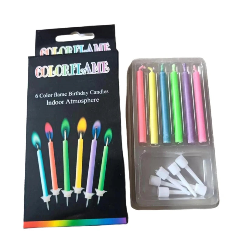 A package of six colorful flame birthday candles with a clear plastic container.