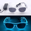 Pair of clear plastic sunglasses with blue LED lights illuminating the frame and lenses