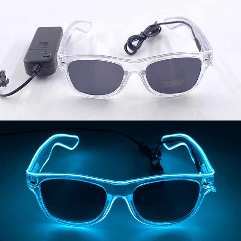 Pair of clear plastic sunglasses with blue LED lights illuminating the frame and lenses