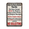 A vintage metal tin sign with text warning about fees for sales pitches and religious messages.
