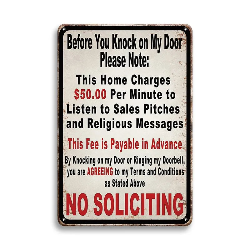 A vintage metal tin sign with text warning about fees for sales pitches and religious messages.