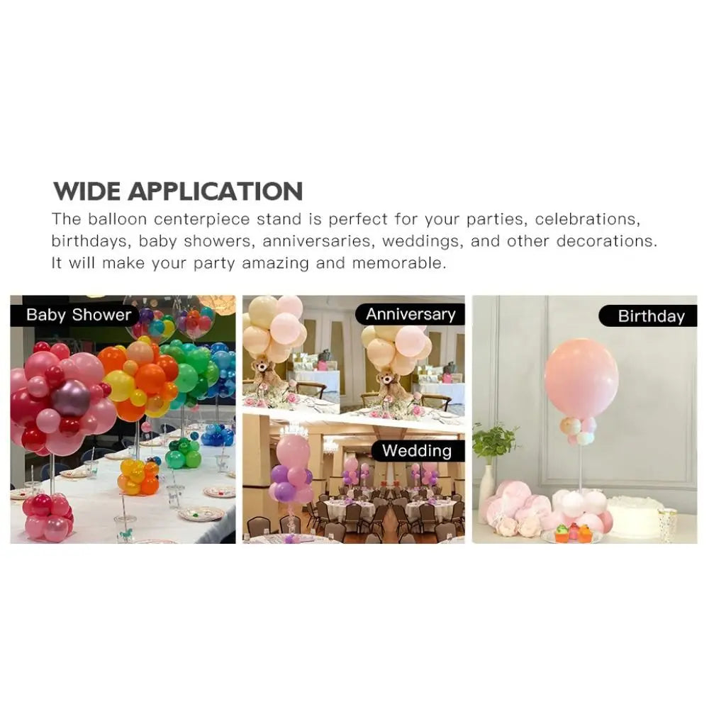 A balloon centerpiece stand is shown in various colors and contexts for parties, celebrations, weddings, and birthdays.