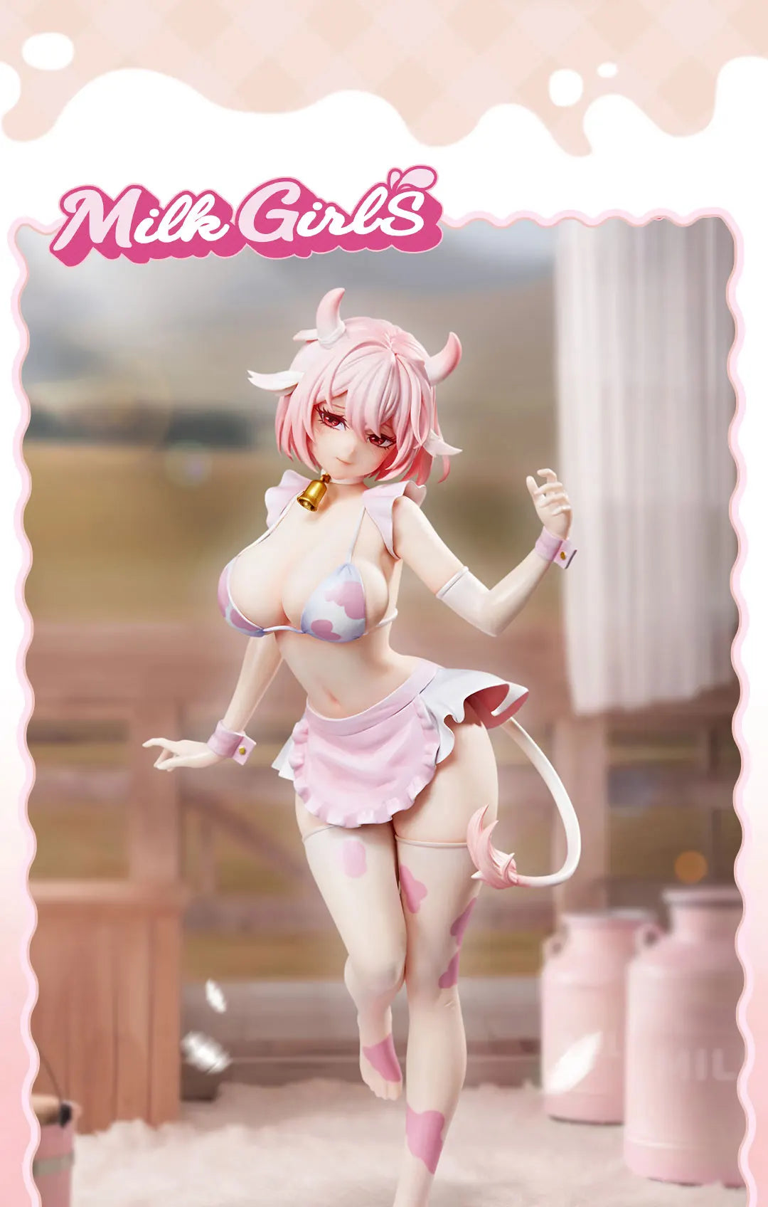 A pink-haired female figure in a bikini and skirt is shown in a dynamic pose.