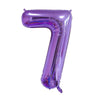 A purple foil balloon shaped like the number seven.