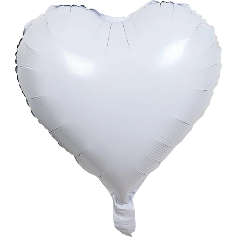 A white heart-shaped foil balloon with silver glitter accents.