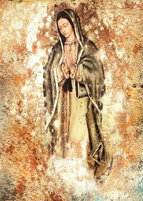 Canvas wall art depicting Our Lady of Guadalupe with hands clasped in prayer, rendered in warm earth tones.