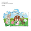 A set of 10 invitation cards featuring farm animals like pigs, cows, and sheep for a birthday party decoration kit.