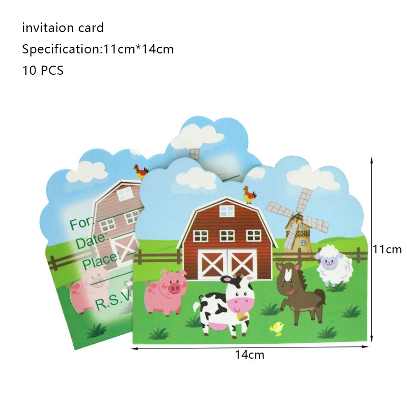A set of 10 invitation cards featuring farm animals like pigs, cows, and sheep for a birthday party decoration kit.