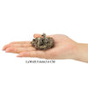 A hand holds a figurine set of realistic birds of prey, including an owl, vulture, and bald eagle, nestled in a natural nest.