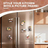 A kitchen refrigerator door displaying various photos held in magnetic acrylic frames.
