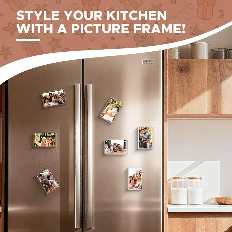 A kitchen refrigerator door displaying various photos held in magnetic acrylic frames.